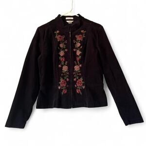 Christopher and Banks Floral Embroidered Jacket Size Small Black Corduroy